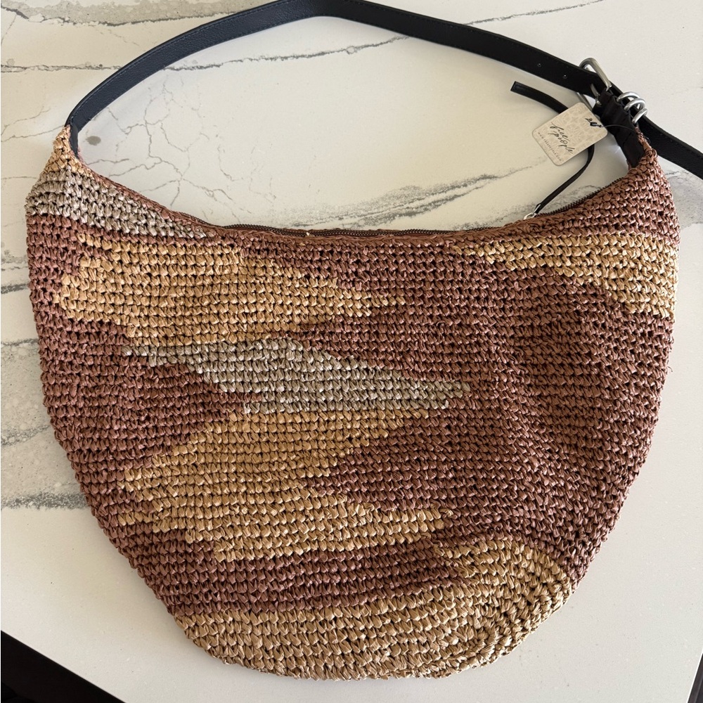 Free People Santorini straw tote Brown and Tan Woven Hobo Bag NWT